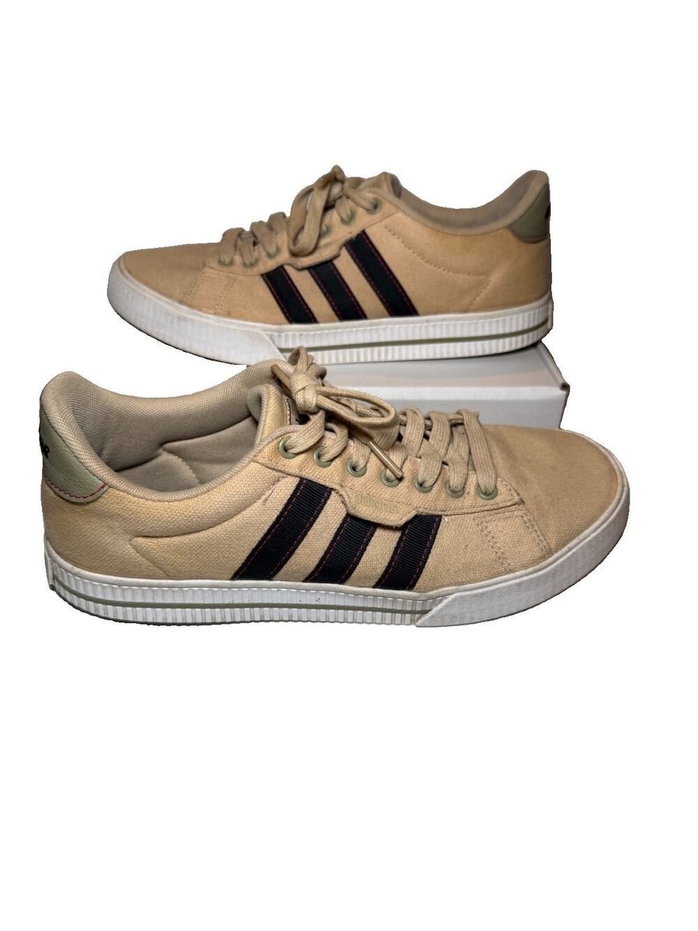 Adidas Men’s Size 9 Tan Beige Canvas Sneakers Black Stripes Low Top Casual Shoes
